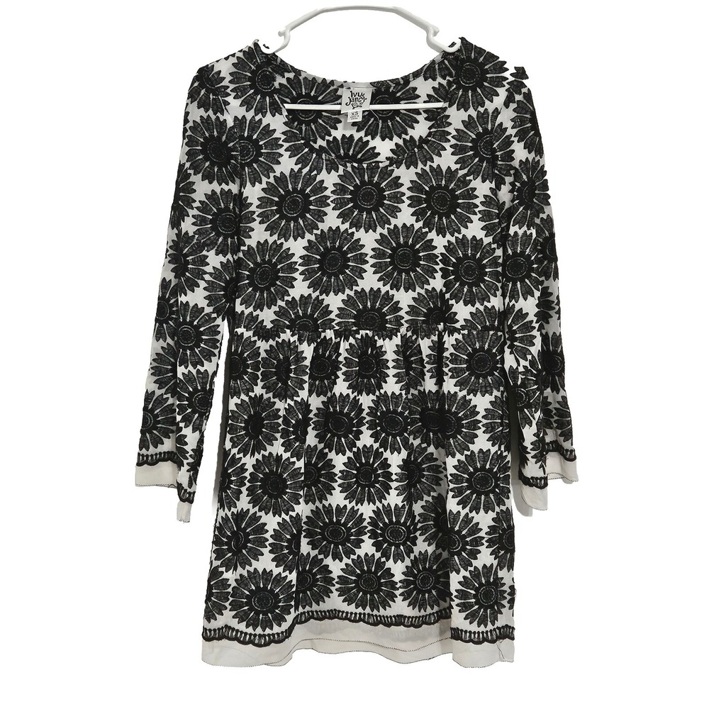 Ivy Jane Women's Sz XS Dress White Black Embroidered Floral Babydoll 640284